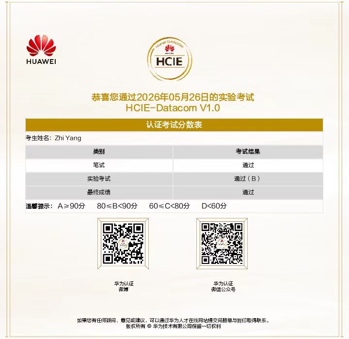 腾科学员HCIE成绩单